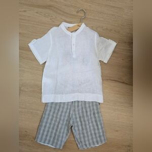 La Stupenderia White Linen Band Collar Henley And Pants In Size 6